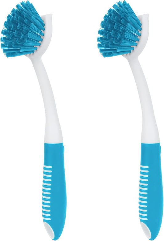 Dish Brush with Handle, 2 Pack Scrub Brushes with Built-in Scraper for Cleaning Kitchen, Pots, Pans and Sink, Scrubber Washing Tools, Blue