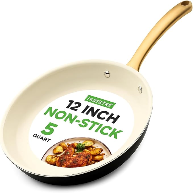 NutriChef 12" Large Ceramic Fry Pan - Non-Stick Ceramic Coated Skillet with Stylish Titanium Handle, Durable, Easy to Clean, Professional Cookware