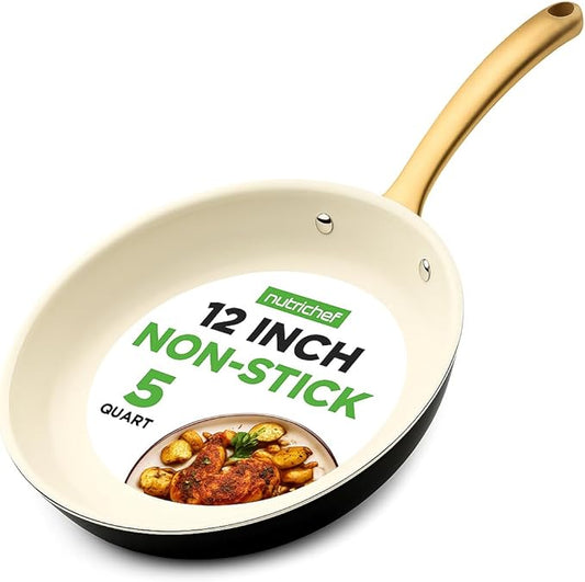 NutriChef 12" Large Ceramic Fry Pan - Non-Stick Ceramic Coated Skillet with Stylish Titanium Handle, Durable, Easy to Clean, Professional Cookware