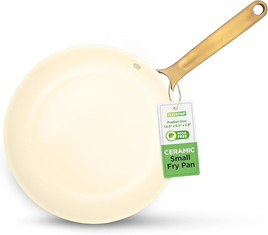 NutriChef 8” Small Fry Pan - Professional Home Cookware Small Skillet Nonstick Frying Pan with Golden Titanium Coated Silicone Handle, Ceramic Coating, Stain-Resistant And Easy To Clean