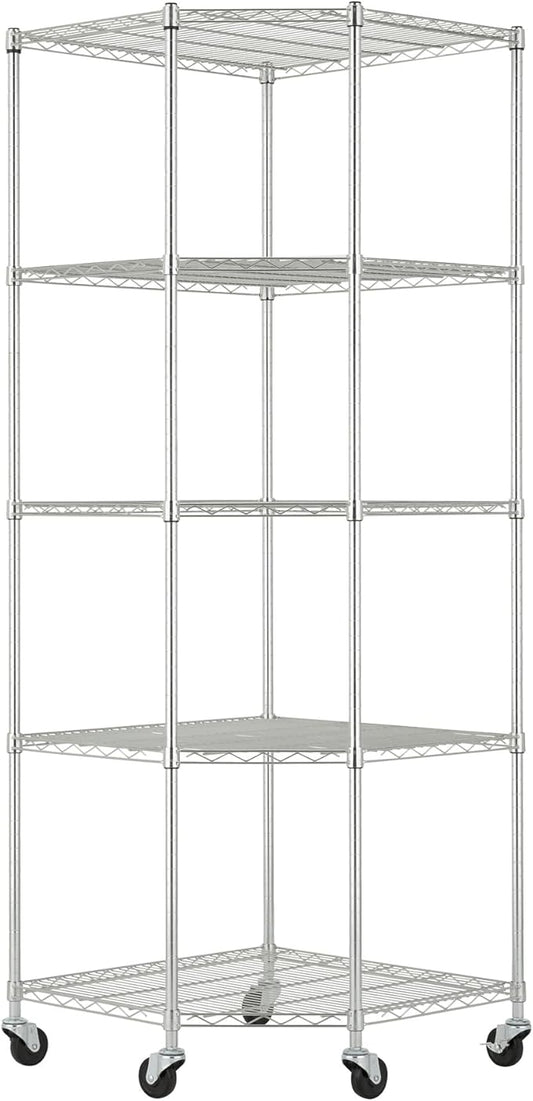 5-Tier Adjustable Wire Shelving with Wheels, Corner Wire Shelf Rack for Kitchen Organization, Garage Storage, 400 to 2000lb Capacity, NSF Certified, 27”x27 x18”x72”, EcoStorage Chrome