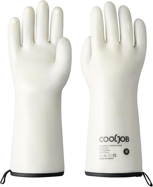 COOLJOB Heat Resistant Oven Gloves, Waterproof Liquid Silicone BBQ Grilling Gloves for Barbecue, Kitchen Cleaning, Baking, Food Contact, White, Medium