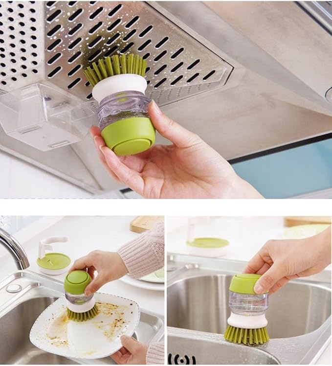 Soap Dispenser Palm Dish Brush with Storage Bracket – Drainage Base, Easy-to-Clean Kitchen Utensil Cleaner | Includes Extra Soft Bristle Brush (Gray&Green)