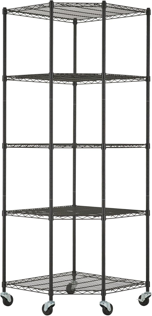 5-Tier Adjustable Wire Shelving with Wheels, Corner Wire Shelf Rack for Kitchen Organization, Garage Storage, 400 to 2000lb Capacity, NSF Certified, 27”x27 x18”x72”, Black