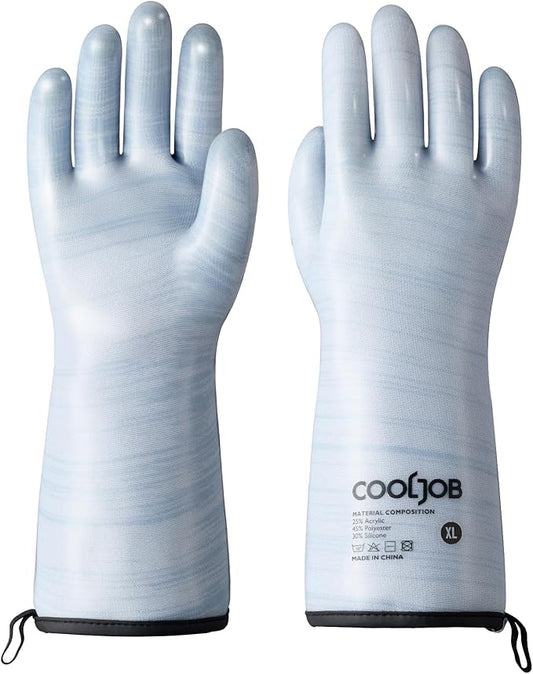 COOLJOB Heat Resistant Oven Gloves, Waterproof Liquid Silicone BBQ Grilling Gloves for Barbecue, Kitchen Cleaning, Baking, Blue, XL