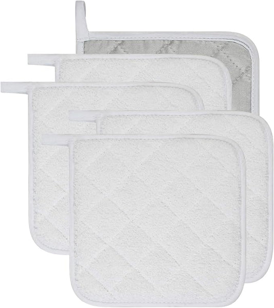100% Cotton Kitchen Everyday Basic Terry Pot Holder Heat Resistant Coaster Potholder for Cooking and Baking Set of 5 White