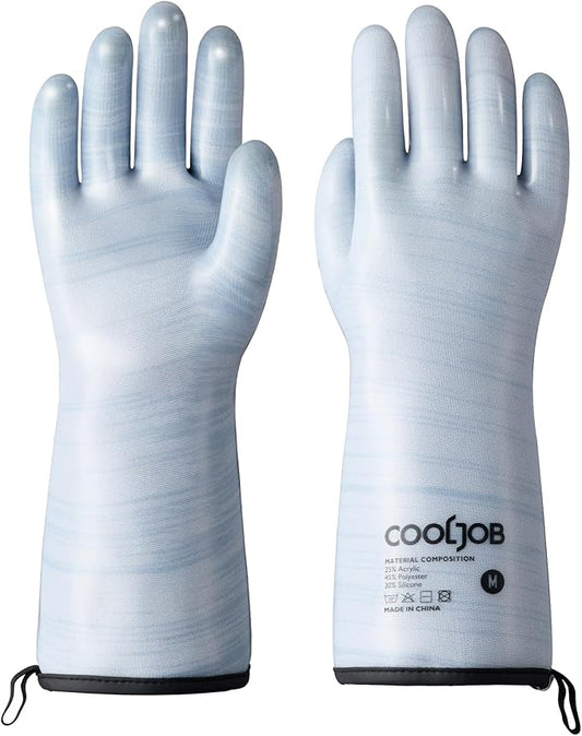 COOLJOB Heat Resistant Oven Gloves, Waterproof Liquid Silicone BBQ Grilling Gloves for Barbecue, Kitchen Cleaning, Baking, Blue, Medium