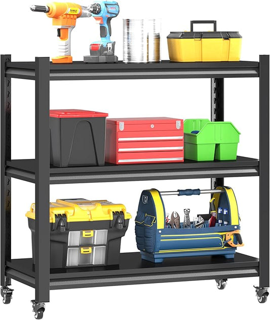 3 Tier Adjustable Garage Storage Shelving,Heavy Duty Utility Rack Shelf Unit on 4 Wheel Casters,Standing shelves for Garage, Home, Pantry,Kitchen,Warehouse,Bathroom & Laundry,Storage Rack - Black