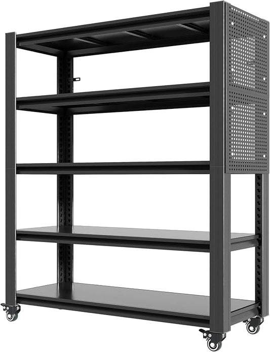 72" H 5-Shelf Metal Storage Shelves, 2000 lbs Garage Shelving Unit with Pegboard, Adjustable Industrial Heavy Duty Storage Rack with Wheels, 47.2" W x 23.6" D for Pantry Basement, Black