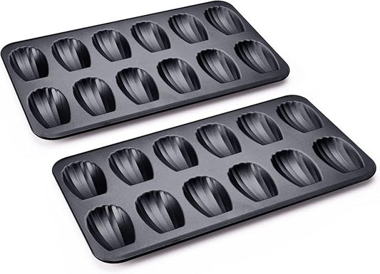 HONGBAKE Nonstick Madeleine Pan 2 Pack 12-Cavity Heavy Duty Madeleine Cookies Trays for Oven Baking, Warp Resistant Shell Shape Madeleine Mold Cake Pan, Space Grey