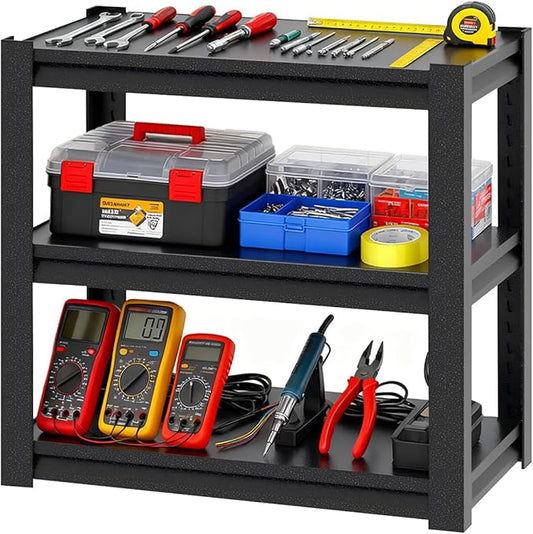 3-Shelf Metal Storage Shelves, 660 lbs Garage Shelving Unit, Heavy Duty Storage Rack, Adjustable Industrial Shelving, 34" W x 18" D x 31.5" H for Kitchen Pantry Basement, Black