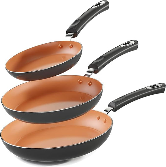 Utopia Kitchen Nonstick Cookware 3 Piece Set, Non-Stick Frying Pans with Induction Bottom, 8, 9.5 & 11 Inches Frying Pans with Bakelite Handles, PFOA Free, Grey & Copper