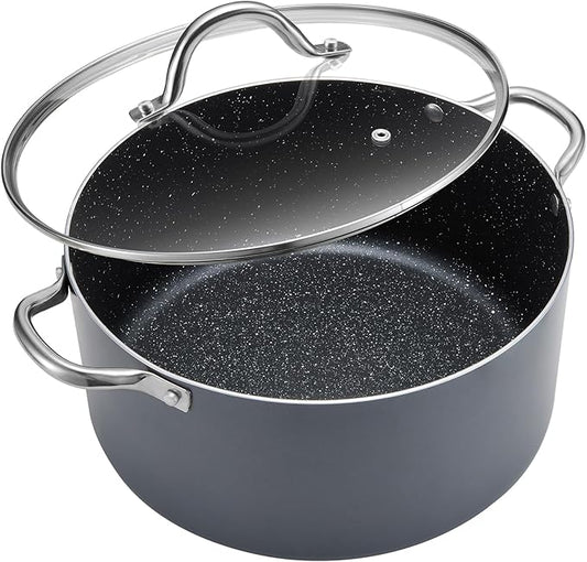 BEZIA 6 Quart Cooking Pot, Non Stick Induction Stock Pots with Lid, All Stove Compatible, 6 QT Aluminum Soup/Stew Pot For Small Households, Grey