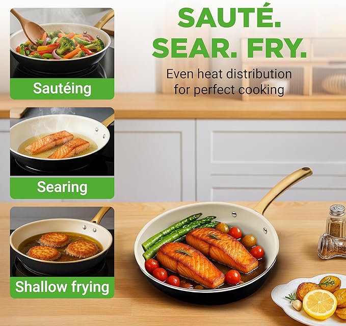 NutriChef 12" Large Ceramic Fry Pan - Non-Stick Ceramic Coated Skillet with Stylish Titanium Handle, Durable, Easy to Clean, Professional Cookware