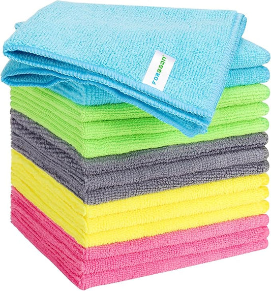 15pcs Microfiber Cleaning Cloth Lint Free, Absorbent, Streak Free, Non-Abrasive, Reusable and Washable，Cleaning Towels with 5 Color Assorted,11.5"X11.5"(Green/Blue/Yellow/Pink/Grey)