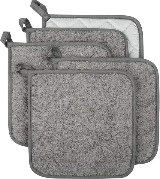 100% Cotton Kitchen Everyday Basic Terry Pot Holder Heat Resistant Coaster Potholder for Cooking and Baking Set of 5 Grey