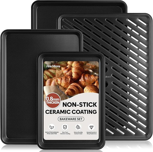 4 Pack Baking Sheet Pan Set Non Stick, Carbon Steel Cookie Sheets for Baking with Wire Rack, Cooling Racks for Cooking and Baking, Thicker Ceramic Half/Quarter/Jelly Roll Baking Trays for Oven