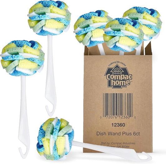 Compac Home Dish SpongeWand Plus Tri Surface Scrubbing Sponge with Cello Foam Scour Sponge Petals, Cleans Dishes, Glassware 360 Scrubber Pads for Tough to Clean Pots Pans, Multi-Color, (Pack of 6)