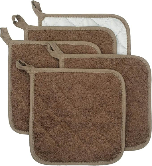 100% Cotton Kitchen Everyday Basic Terry Pot Holder Heat Resistant Coaster Potholder for Cooking and Baking Set of 5 Brown