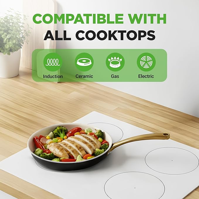 NutriChef 12" Large Ceramic Fry Pan - Non-Stick Ceramic Coated Skillet with Stylish Titanium Handle, Durable, Easy to Clean, Professional Cookware