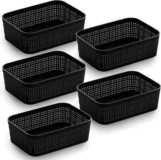BINO | Woven Plastic Basket | XS (Black), 5-Pack | THE JUTE COLLECTION | Home Organization, Space - Saving Storage, Stylish Design | Jute Basket | Plastic Storage Basket