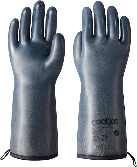 COOLJOB Heat Resistant Oven Gloves, Waterproof Liquid Silicone BBQ Grilling Gloves for Barbecue, Kitchen Cleaning, Baking, Food Contact, Black, Medium