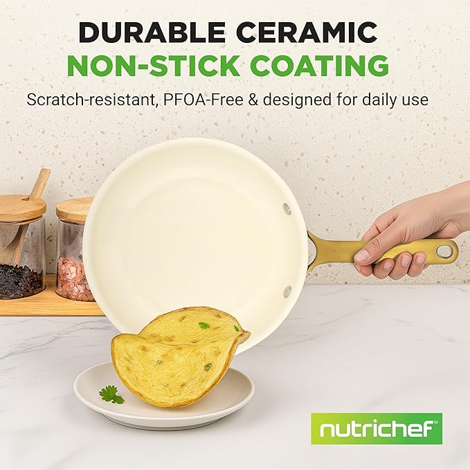 NutriChef 12" Large Ceramic Fry Pan - Non-Stick Ceramic Coated Skillet with Stylish Titanium Handle, Durable, Easy to Clean, Professional Cookware