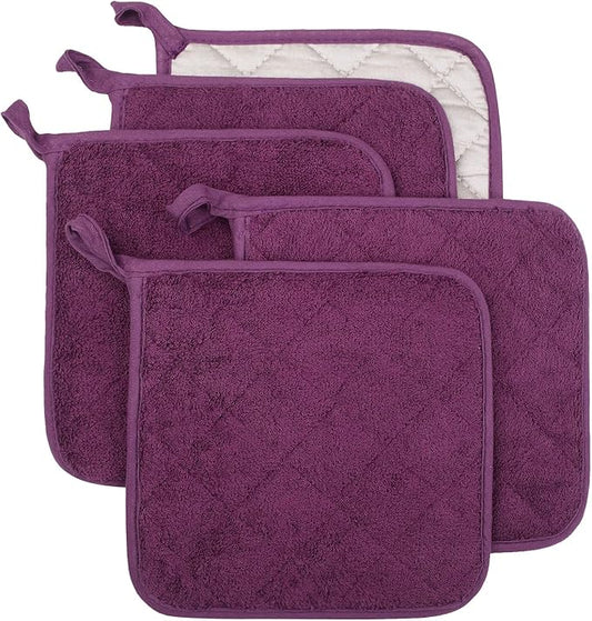 100% Cotton Kitchen Everyday Basic Terry Pot Holder Heat Resistant Coaster Potholder for Cooking and Baking Set of 5 Grape