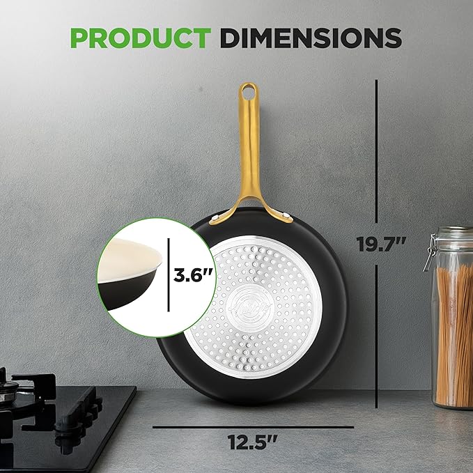 NutriChef 12" Large Ceramic Fry Pan - Non-Stick Ceramic Coated Skillet with Stylish Titanium Handle, Durable, Easy to Clean, Professional Cookware