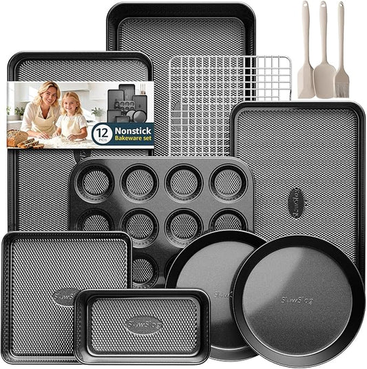 12-Piece Nonstick Bakeware Set, Stackable Non Toxic Baking Pans Set with Rack & Kitchen Utensils, Cookie Sheets Set, Cake Pan, Muffin Pan, Loaf Pan, Roasting Pan, Black