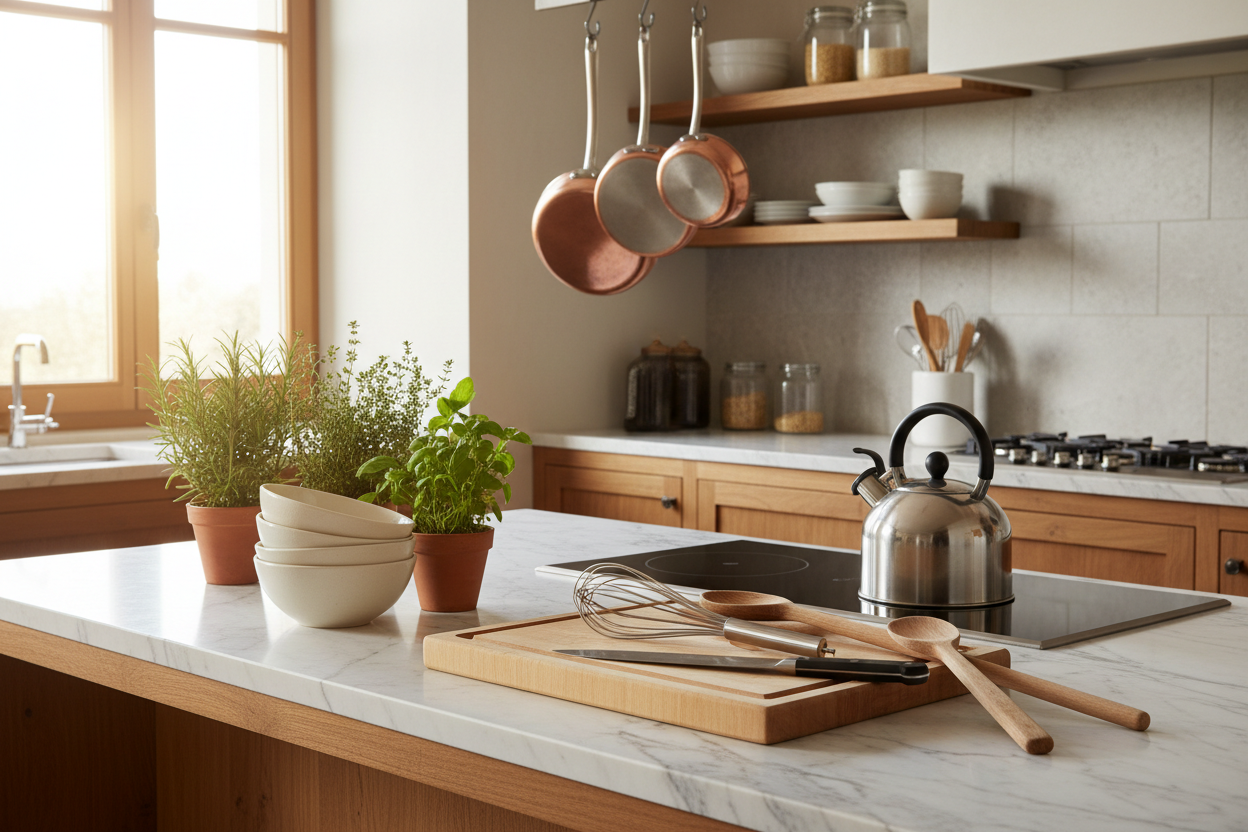 an image for image banner no text for kitchen aesthetic no person just highlight the kitchen room and utensils